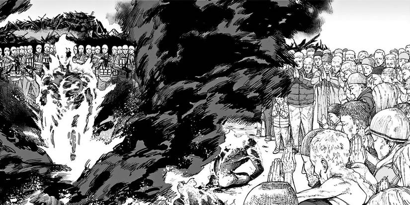 Agni, the main character of Fire Punch manga, being worshipped by citizens.