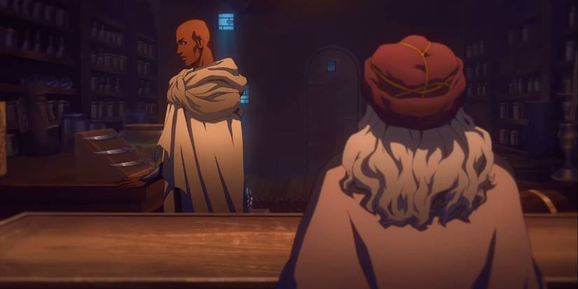 Isaac talking to the blind shopkeeper.