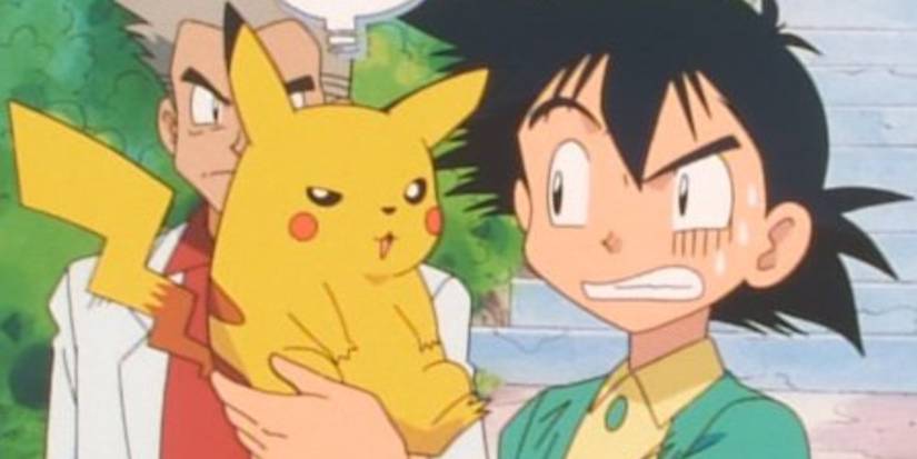 Ash holds Pikachu for the first time in Pokemon anime