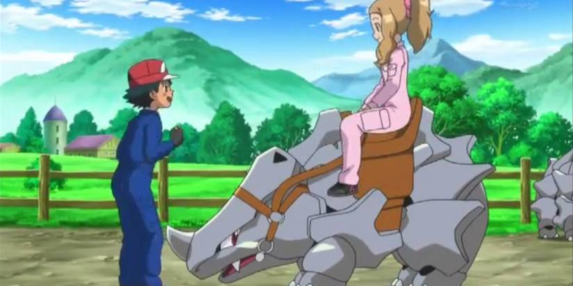 Serena riding a Rhyhorn in Pokemon anime