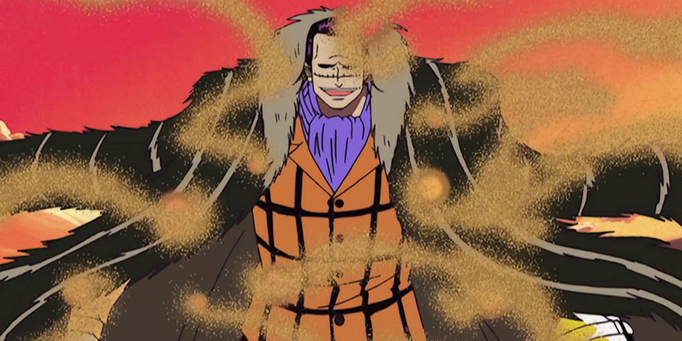 Sand swirls around Sir Crocodile's body as he uses the Sand-Sand Fruit to avoid taking damage in One Piece.
