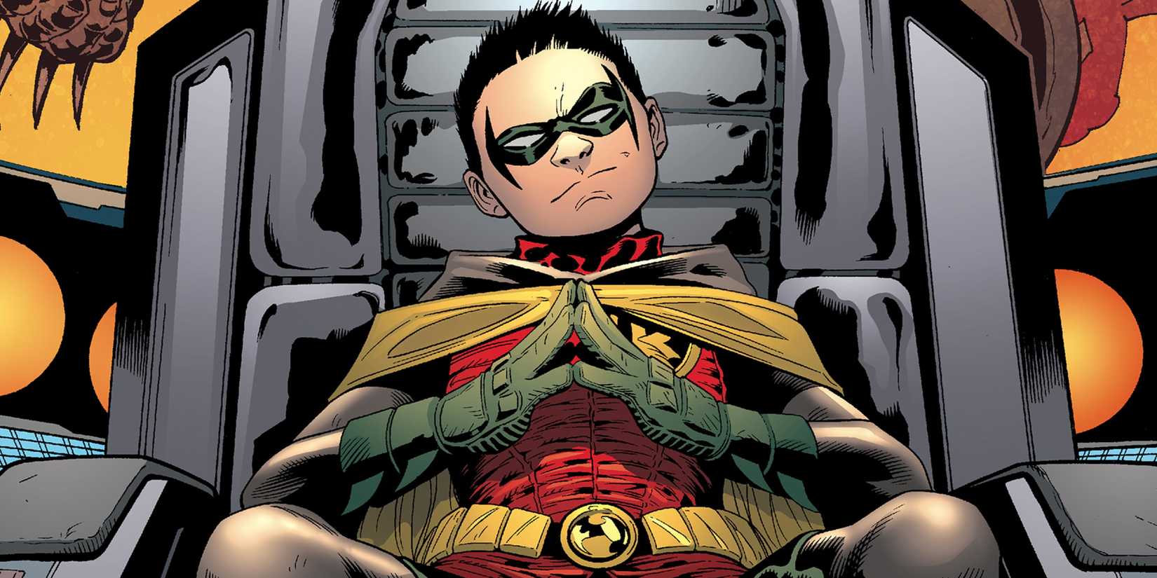 Damian Wayne as Robin sits in a large chair with his finger tips together and petulant expression.
