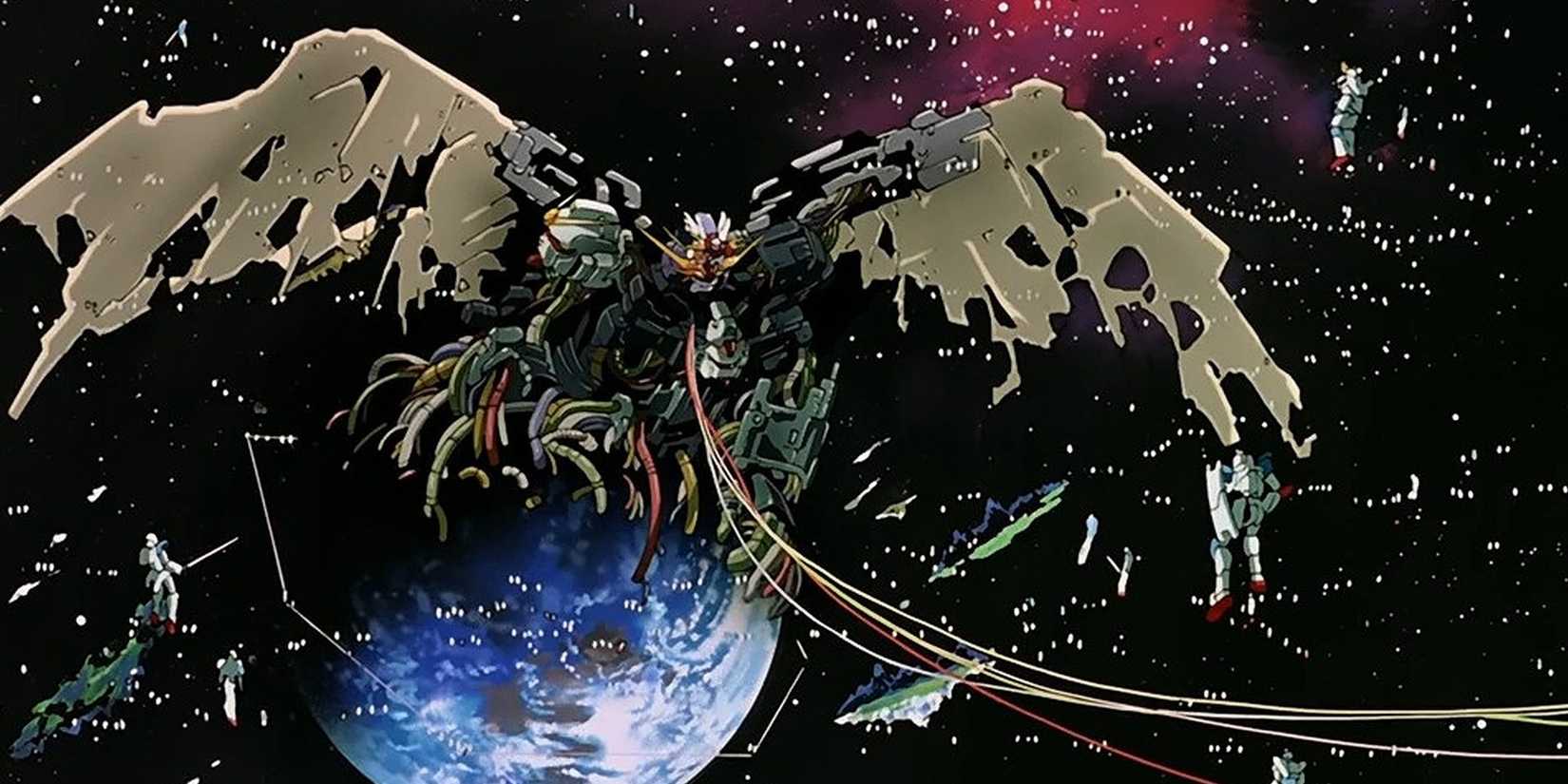 A shot of Devil Gundam flying through space.