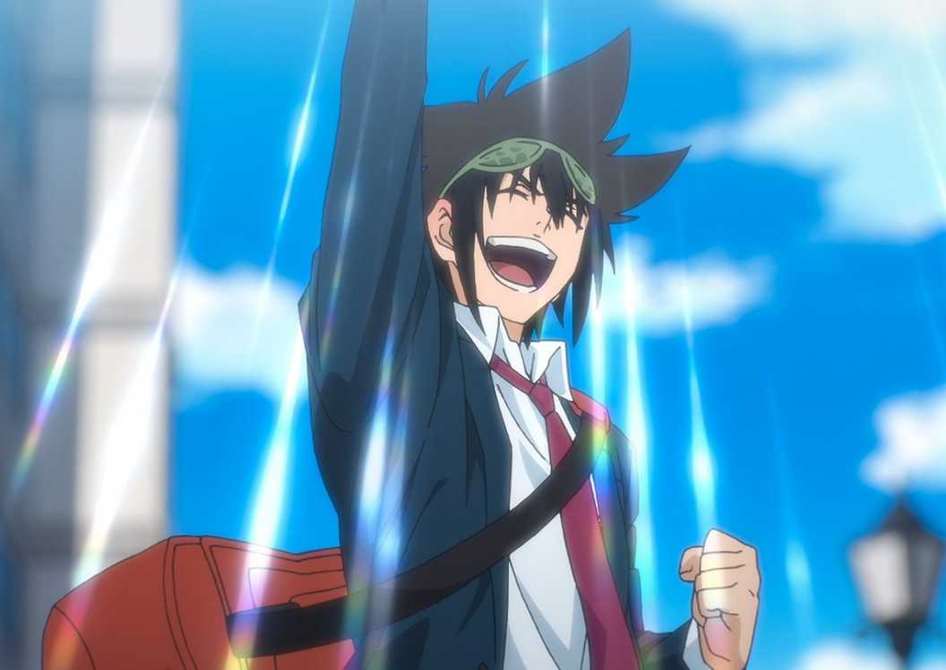 Jin Mori from God Of High School cheers while wearing his school uniform.