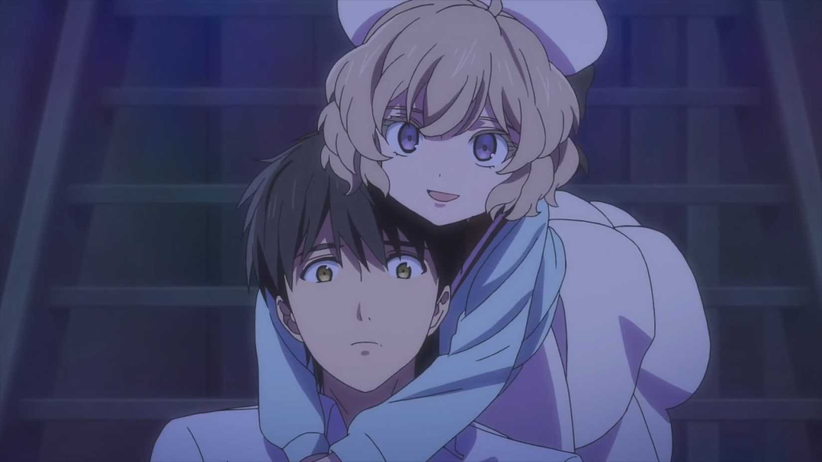 Kotoko hugs Kurou from behind in In/Spectre