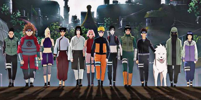 The Konoha 12, consisting from left to right of Shikamaru Nara, Choji Akimichi, Ino Yamanaka, Tenten, Neji Hyuga, Sakura Haruno, Naruto Uzumaki, Sai, Rock Lee, Kiba Inuzuka and Akamaru, Shino Aburame and Hinata Hyuga, are walking together.