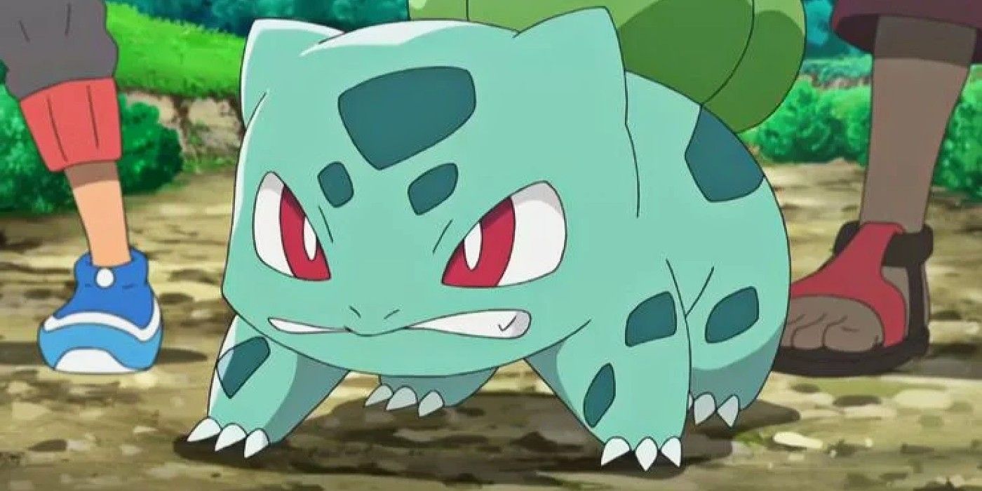 Bulbasaur rosnando com raiva no anime Pokémon.