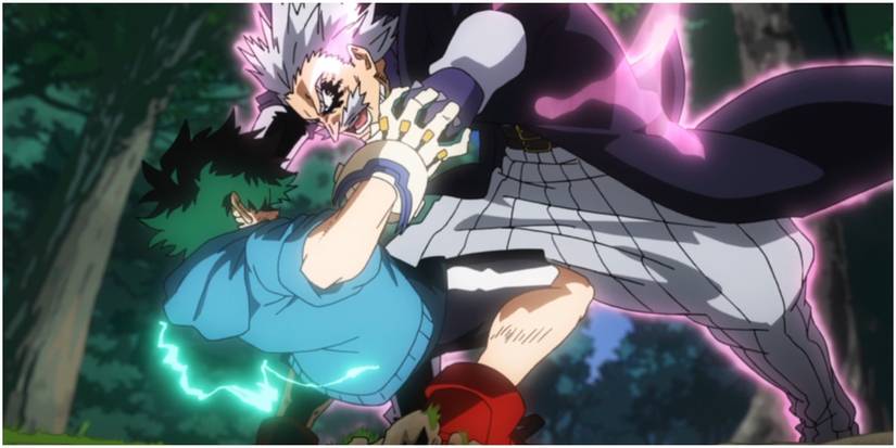 Deku struggling against Gentle Criminal in My Hero Academia.