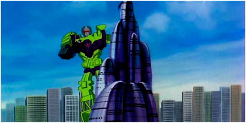 Devastator hangs from a building in the G1 Transformers cartoon.