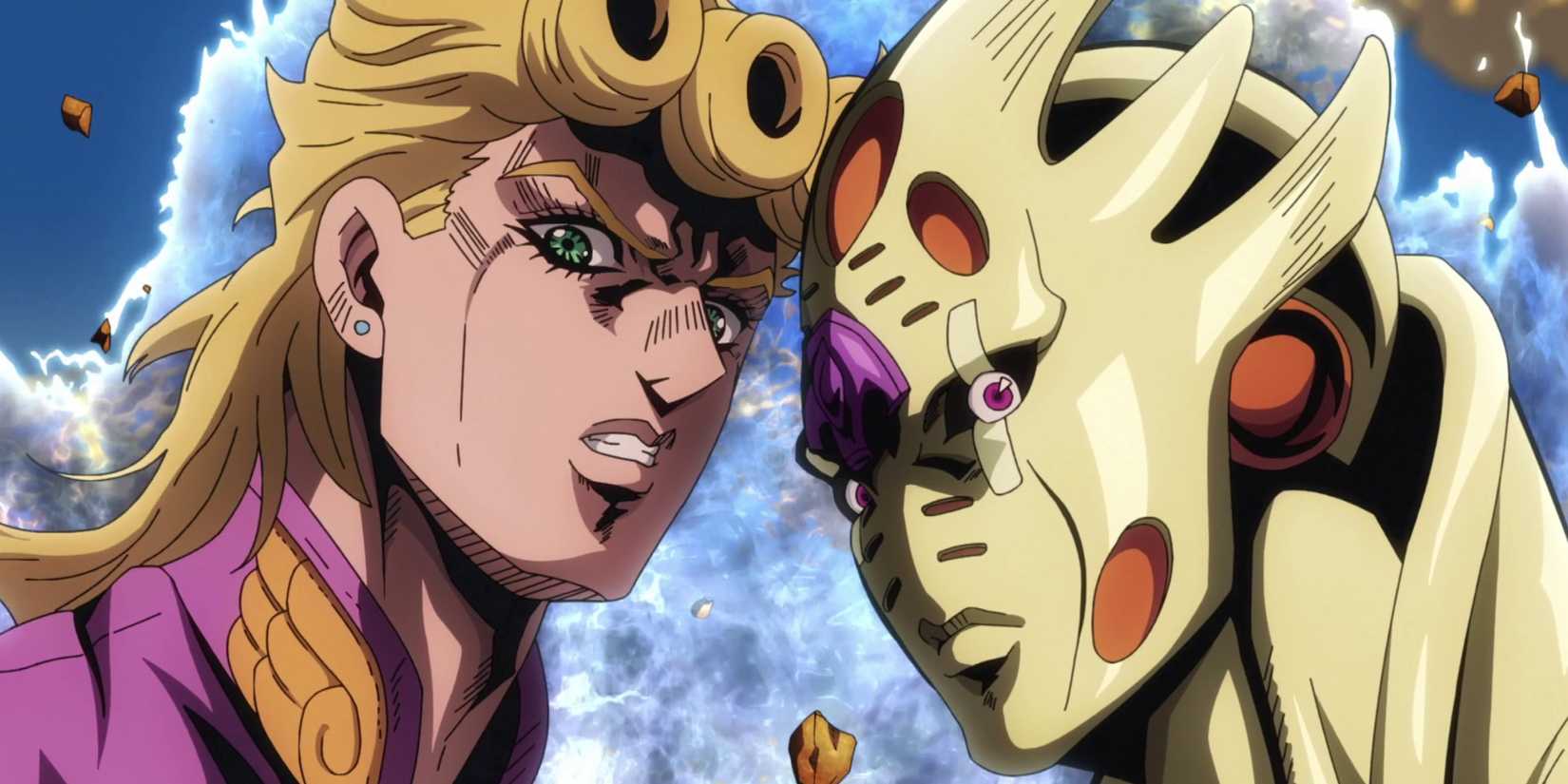 Giorno Giovanna and his stand, the Golden Experience Requiem, are standing next to each other in in JoJo's Bizarre Adventure: Golden Wind.