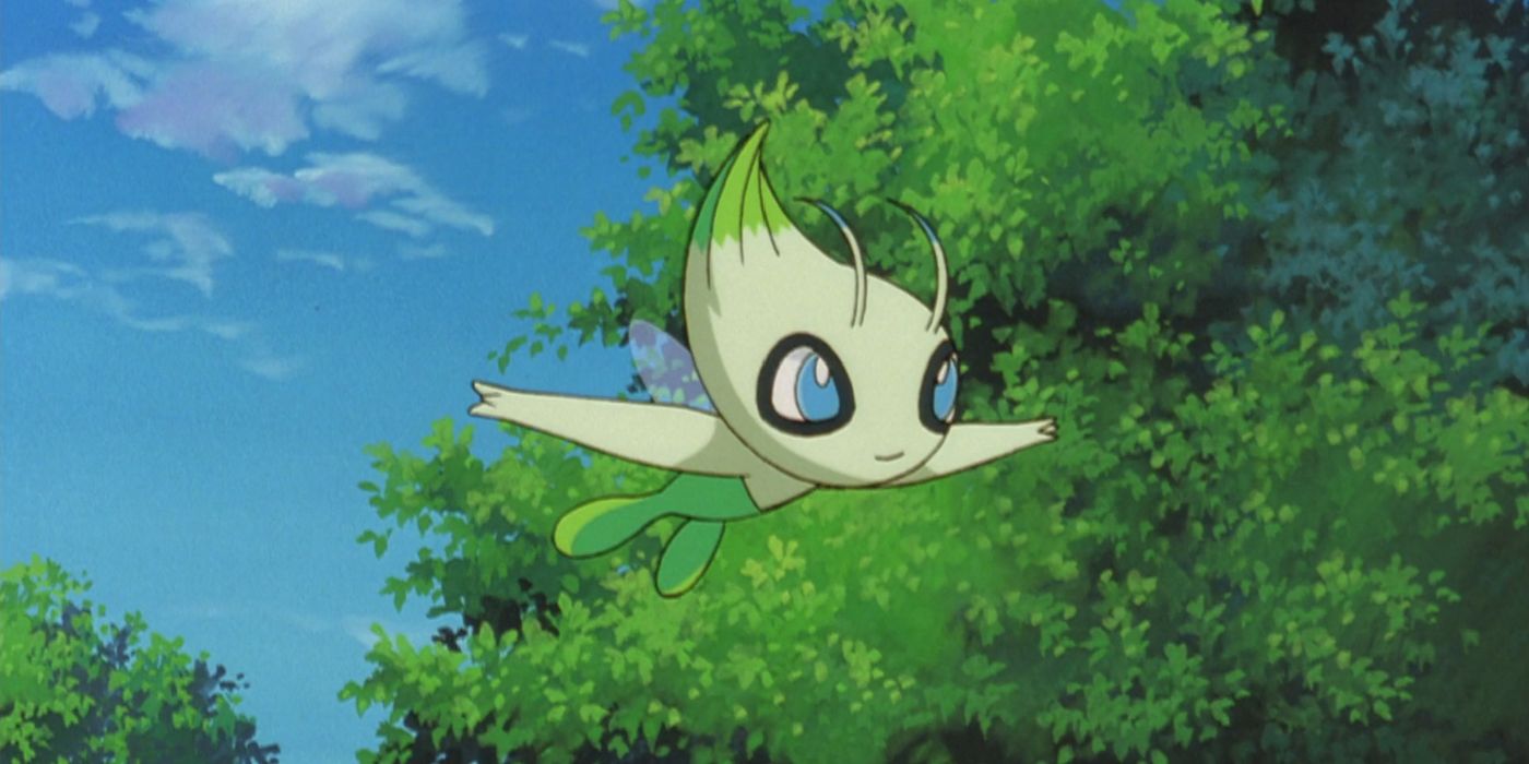   Celebi volando por el bosque en el anime Pokémon