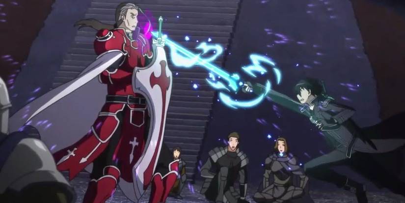 Kirito versus Heathcliff in Sword Art Online.