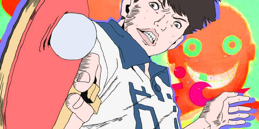 One of the main characters from the Ping Pong The Animation anime playing ping pong.