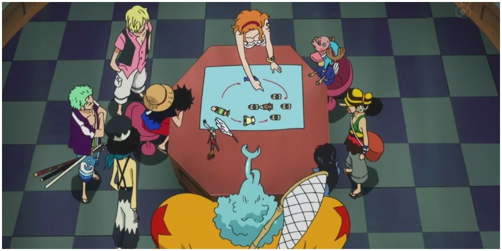 The Straw Hat Pirates looking at a map on a table during One Piece's Z's Ambition arc