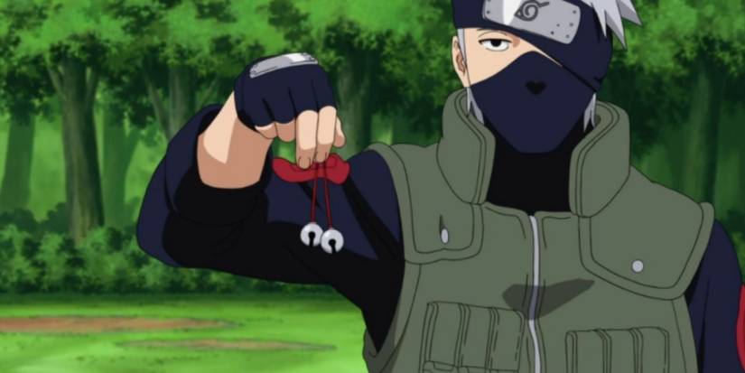 Kakashi holds two bells with a forest in the background in the Naruto anime.