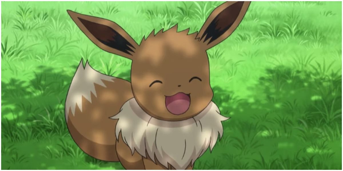 Eevee sorrindo com alegria no anime Pokémon.