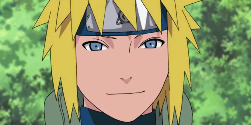 Minato Namikaze smiles with greenery in the background in Naruto: Shippuden.