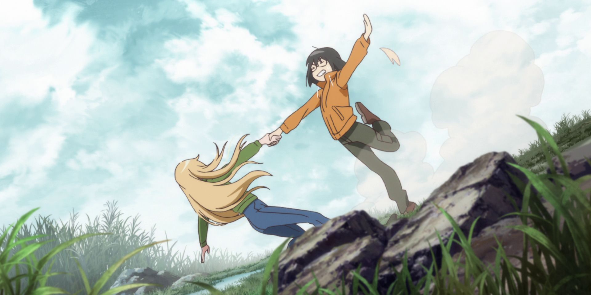 Toriko falls as she grabs Sorawo's hand in Otherside Picnic.