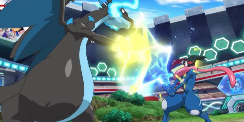 Ash Greninja fights Mega Charizard in Pokemon.
