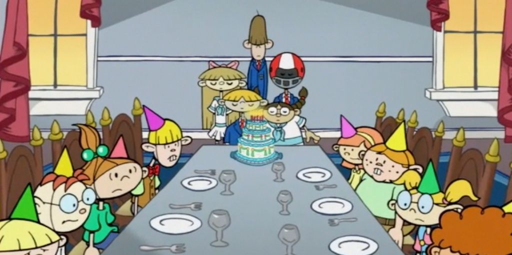 An image of the Delightful Children from Down the Lane in the TV show Codename: Kids Next Door. The Delightful Children are standing in front of a large birthday cake on a long table as several children shown sitting at the table and wearing birthday hats have empty plates and a forlorn expression.