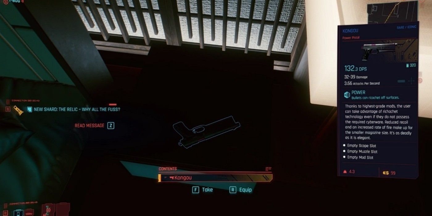 O jogador encontra a pistola Kongou no chão em Cyberpunk 2077