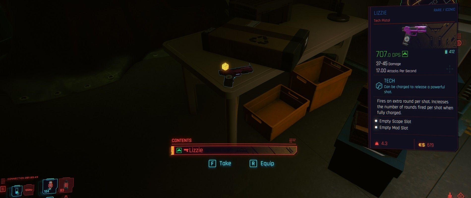 Um jogador encontra a pistola Lizzie em Cyberpunk 2077