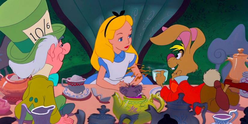 Alice, the Mad Hatter, and the Hare at the tea party in Alice in Wonderland.