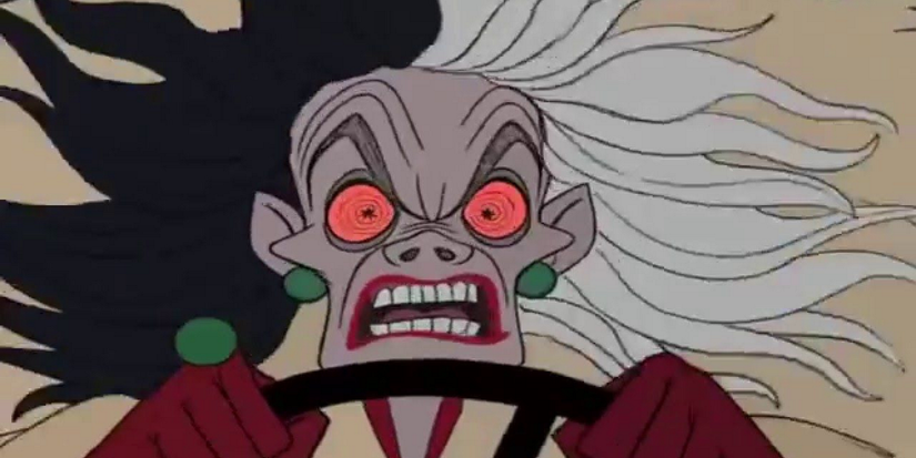 Cruella de Vil looks furious while driving in 101 Dalmatians.
