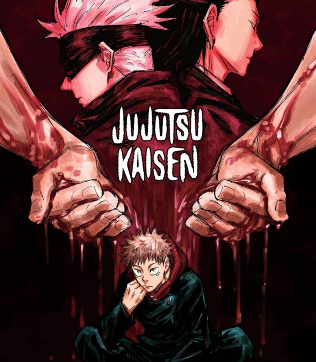 Yuji Itadori est assis sous les figures imminentes de Gojo et Kenjaku sur l'affiche de Jujutsu Kaisen.