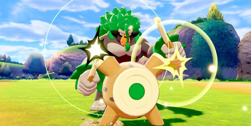 Rillaboom bangs his drums in Pokémon Sword and Shield.