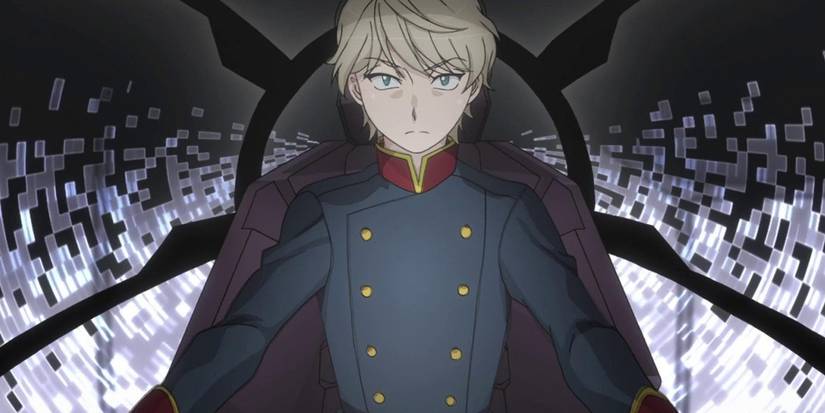 Slaine from Aldnoah.Zero is sitting in the cockpit of a spaceship and looking determined