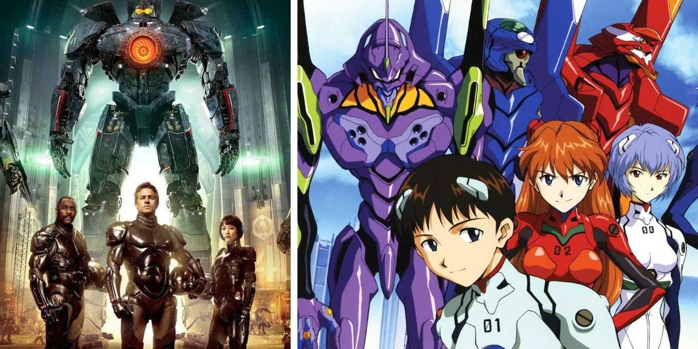 A split image of Pacific Rim and Neon Genesis Evangelion.