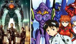 A split image of Pacific Rim and Neon Genesis Evangelion.