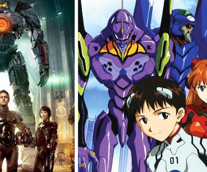 A split image of Pacific Rim and Neon Genesis Evangelion.