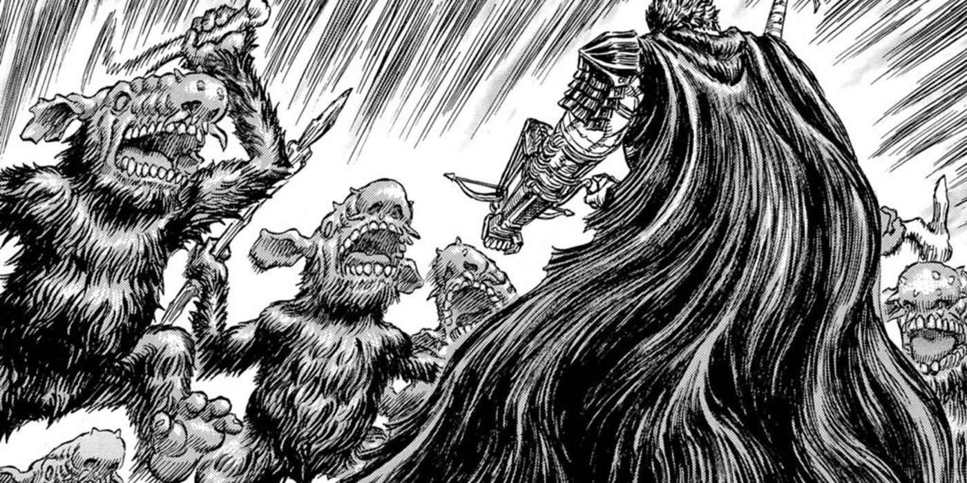 Guts luta contra os trolls em Berserk.