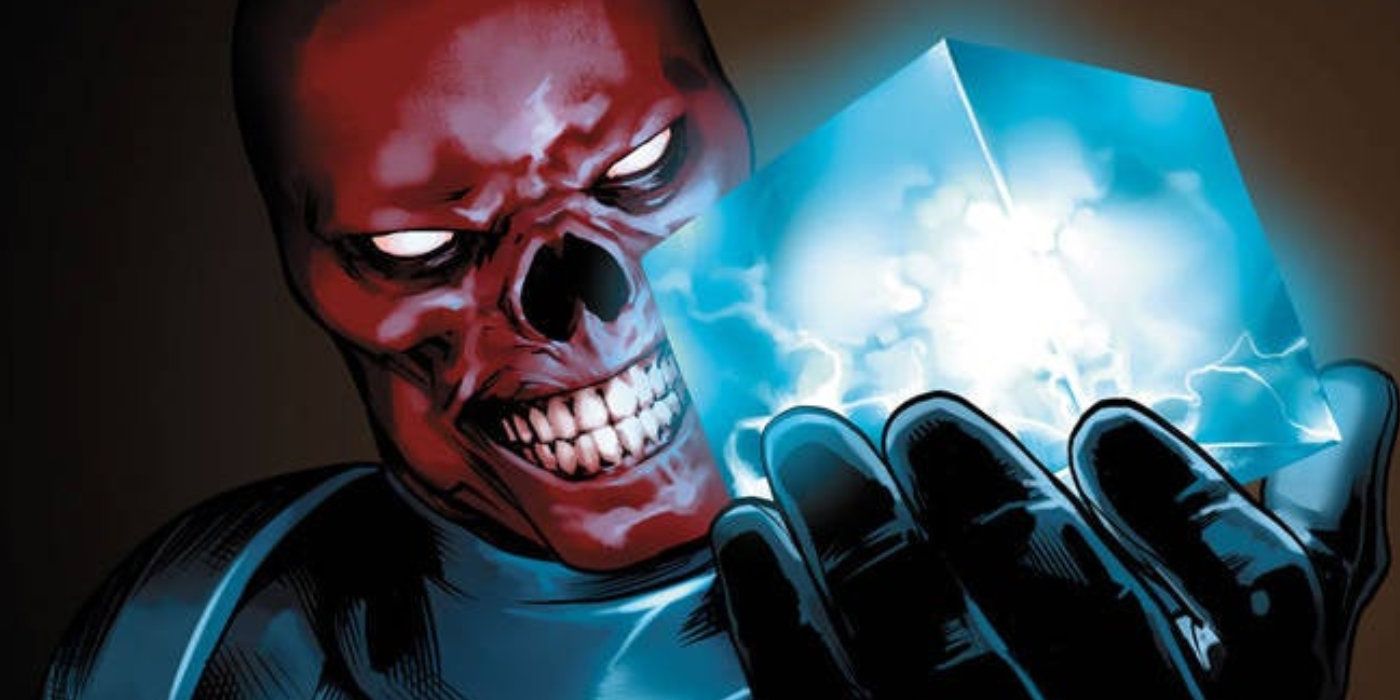 O Caveira Vermelha segurando o Cubo Cósmico nas histórias em quadrinhos da Marvel