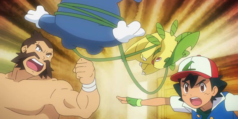 Chuck, Líder de Ginásio especializado no tipo Lutador em Johto, ao lado de Ash e Bayleef em Pokémon Jornadas