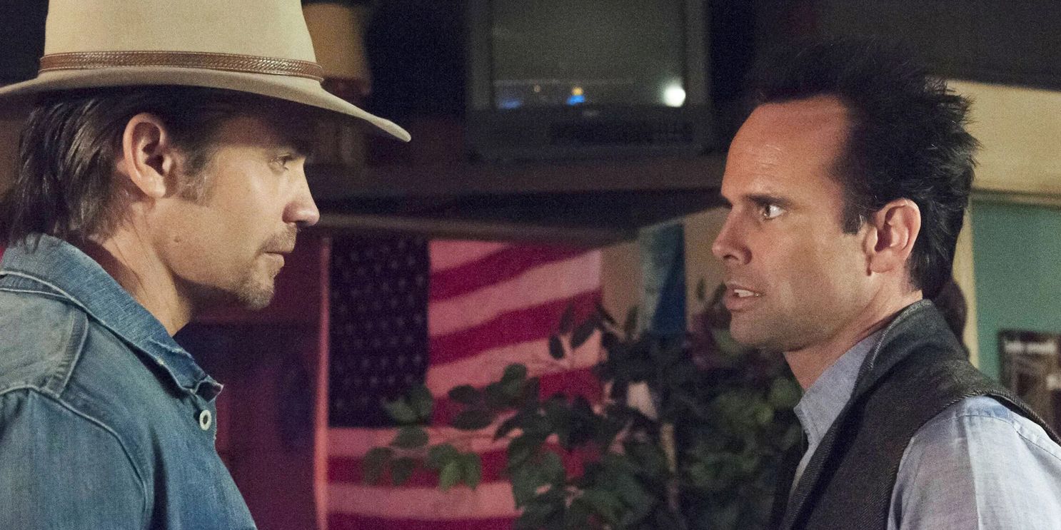Raylan Givens and Boyd Crowder confront each other in Justified