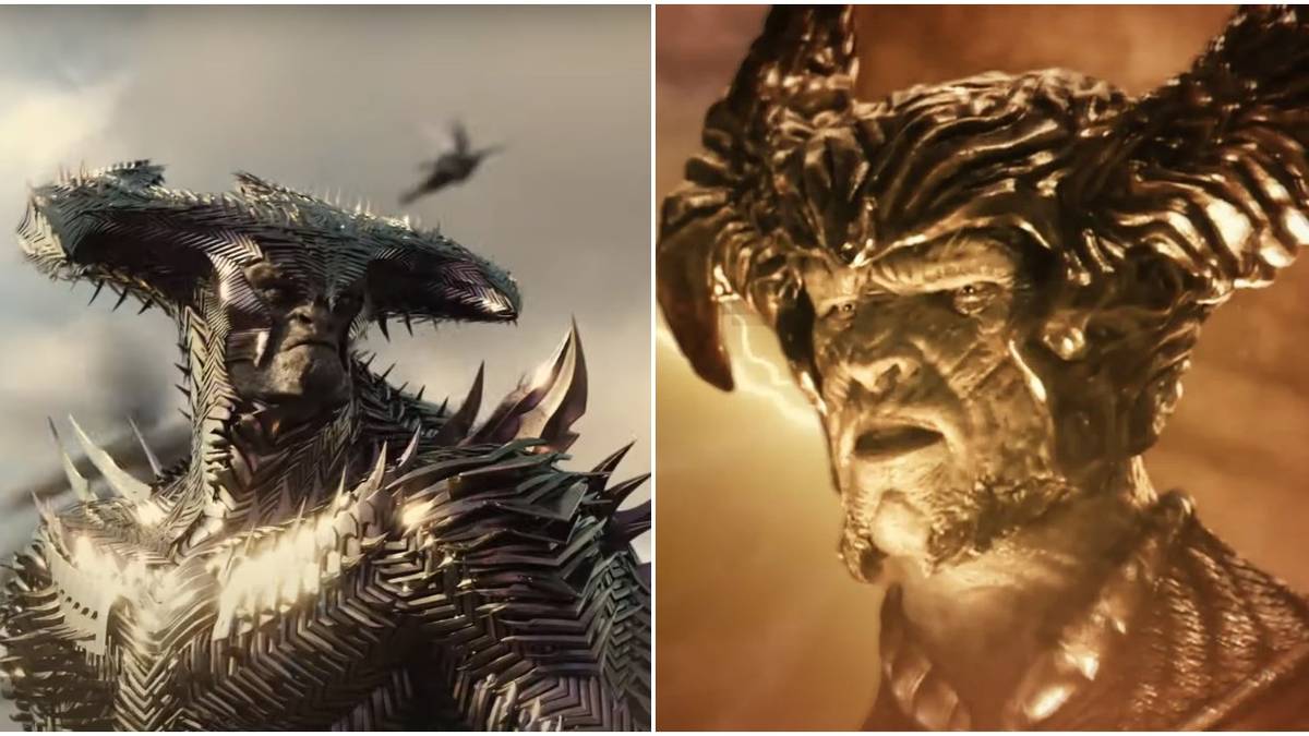 a split image showing two stills of steppenwolf from the justice league film