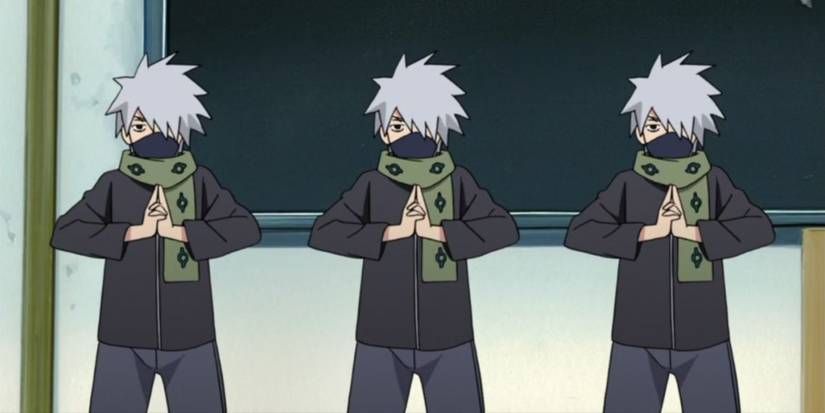 3 young kakashi performing clone jutsu at academy