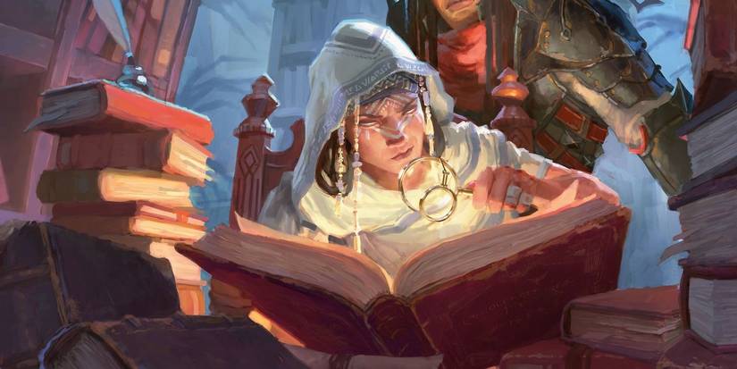 A woman studies a tome in a library in D&D.