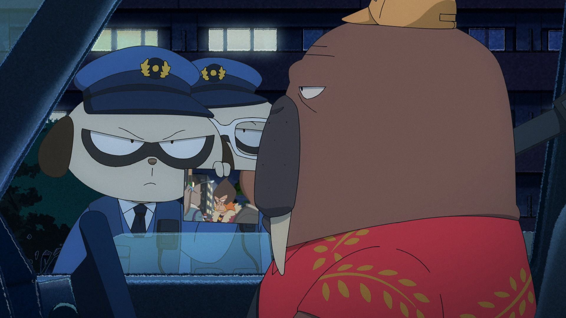 Odokawa gets questioned by two cops in Odd Taxi.