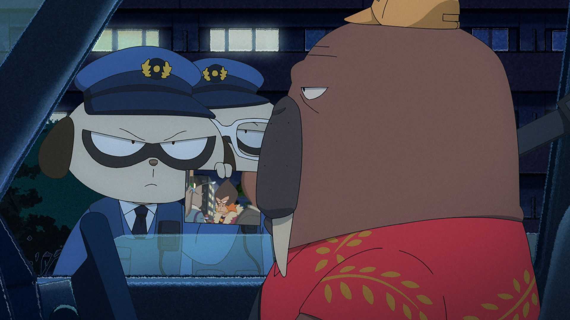 Odokawa gets questioned by two cops in Odd Taxi.