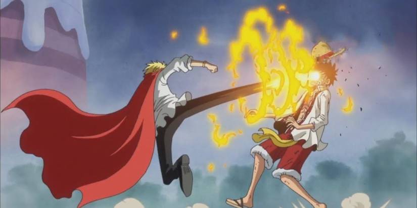 Sanji donne un coup de pied enflammé au visage de Monkey D. Luffy lors de leur combat sur Whole Cake Island dans One Piece.