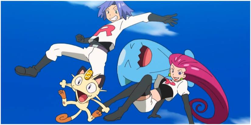 Team Rocket's Jessie, James, Meowth, and Wobbuffett blast off in Pokemon