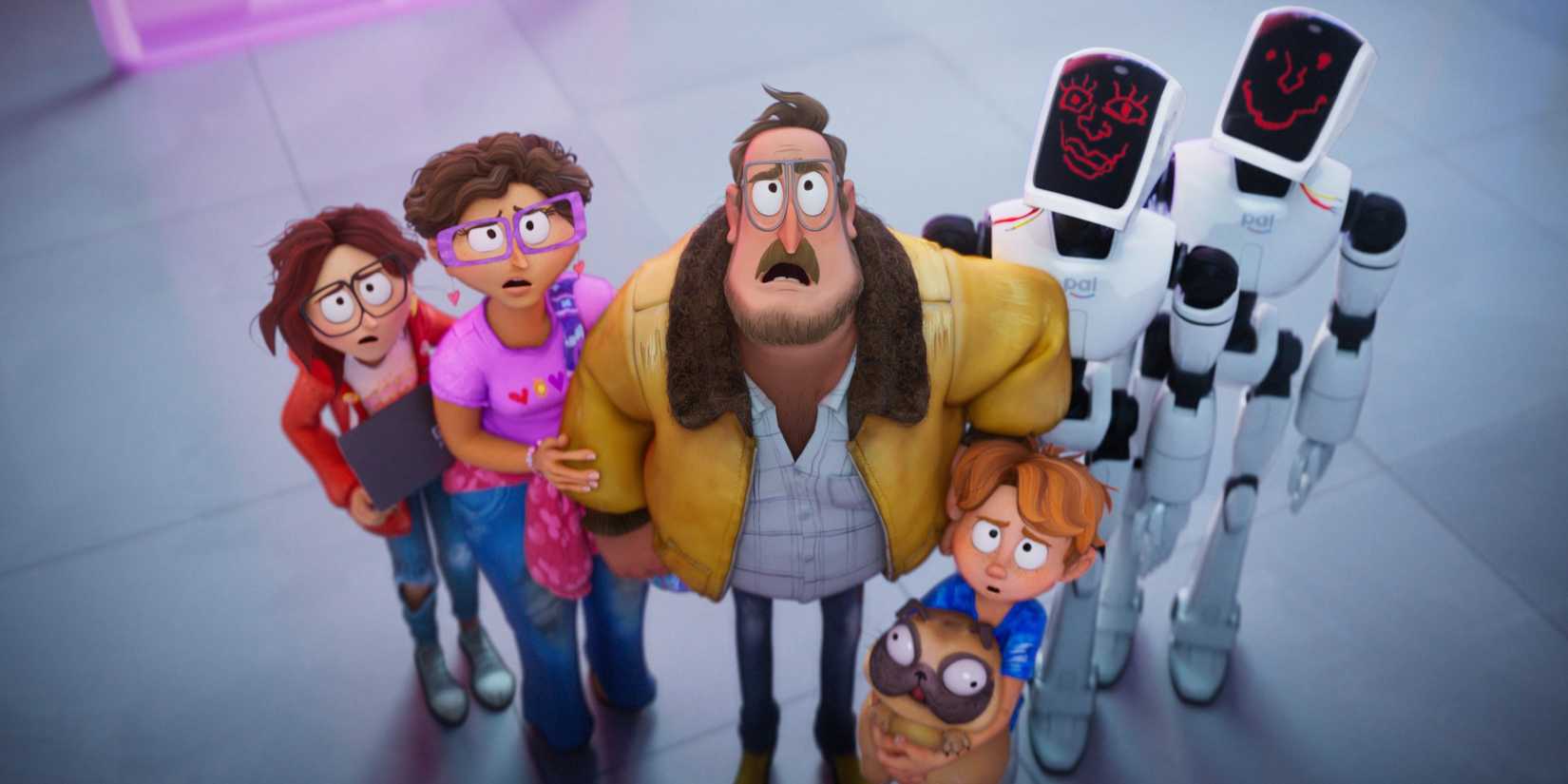 The Mitchells and their robot allies look up at an unseen threat in The Mitchells vs the Machines