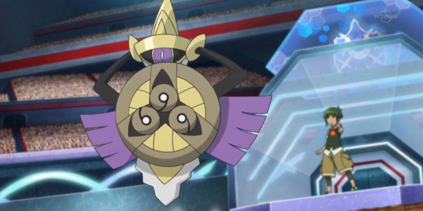 Sawyer points at his Shield Forme Aegislash in the Pokemon anime.