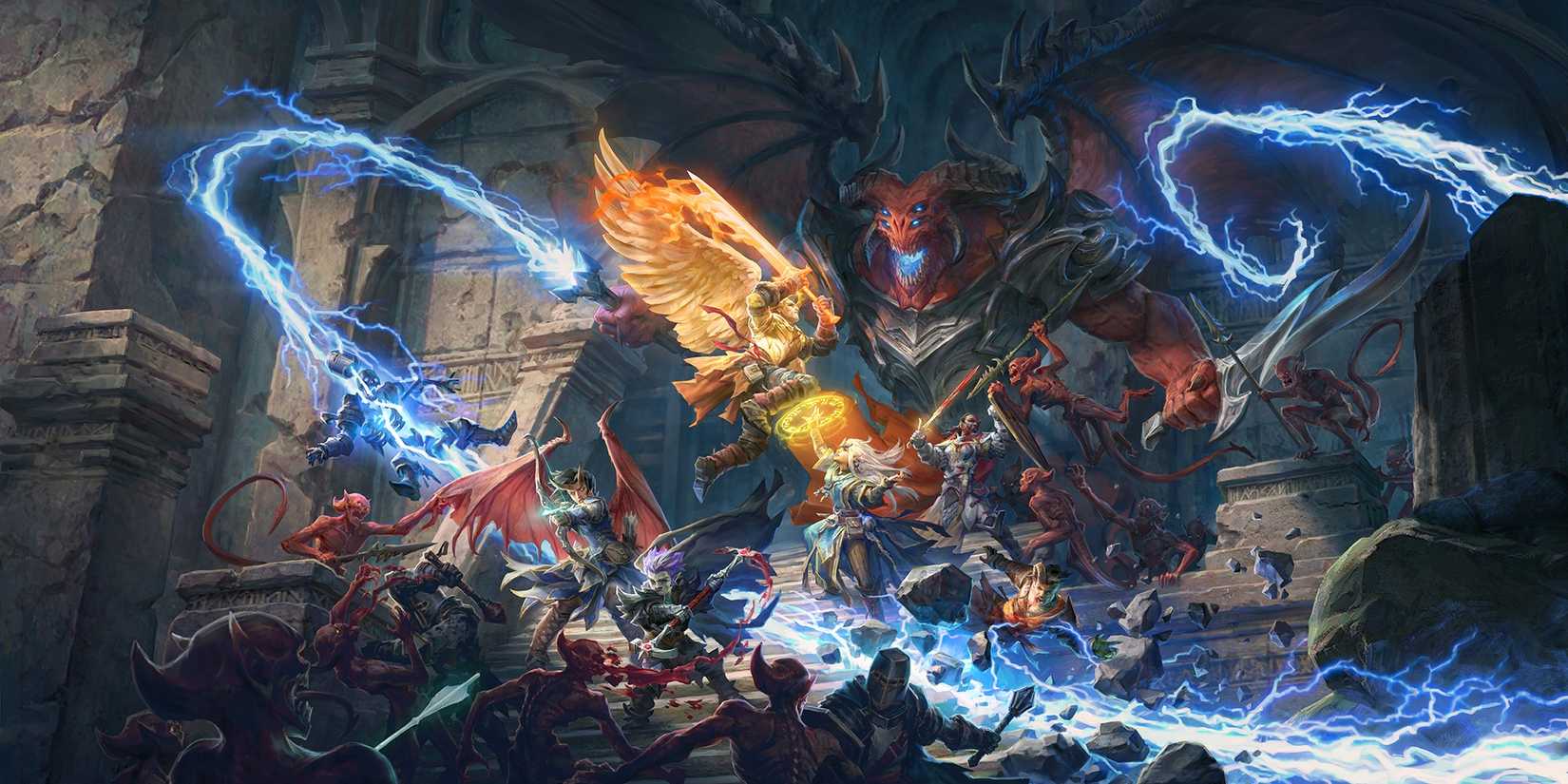 Pathfinder: Wrath of the Righteous key art featuring a massive battle with monsters.