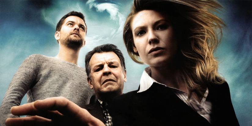 Promotional image of Peter Bishop, Walter Bishop, and Olivia Dunham on Fringe