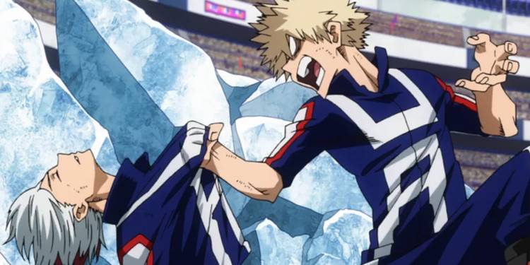 Bakugo segurando a camisa de Todoroki e ergue-o enquanto grita durante o Festival Esportivo de My Hero Academia